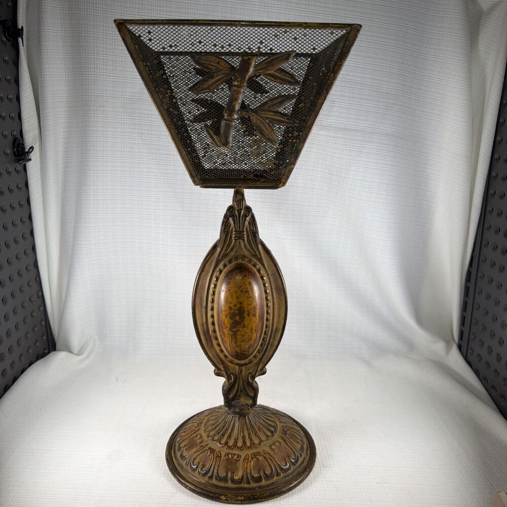 Antique Art Nouveau Footed Metal Centerpiece Basket Bamboo Mesh Pedestal Stand